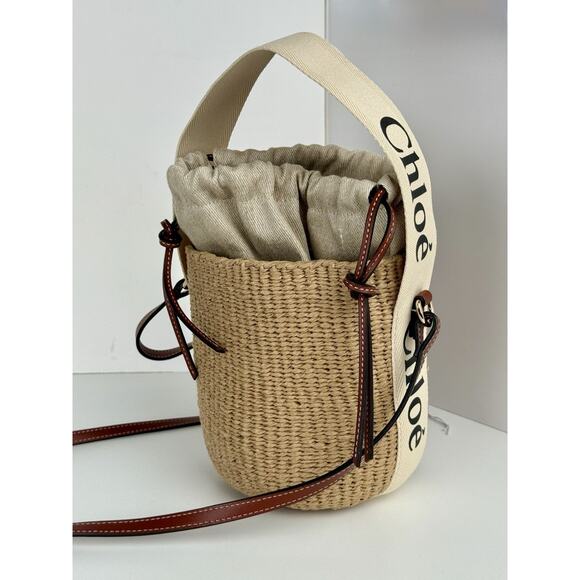 CHLOE Woody Small Raffia Basket Shoulder And Hand Bag 2 Way Canvas Leather - Picture 1 of 12